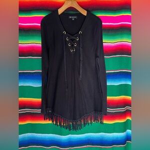 INC International Concepts Black Lace-Up Fringe Knit Poncho Sweater Size L
